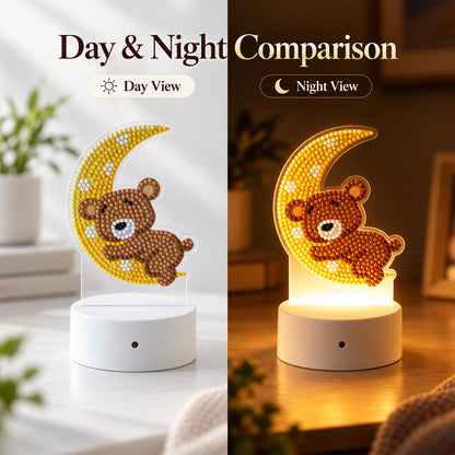 A split image comparing the night light in daylight, unlit, and at night, glowing warmly on a wooden surface.