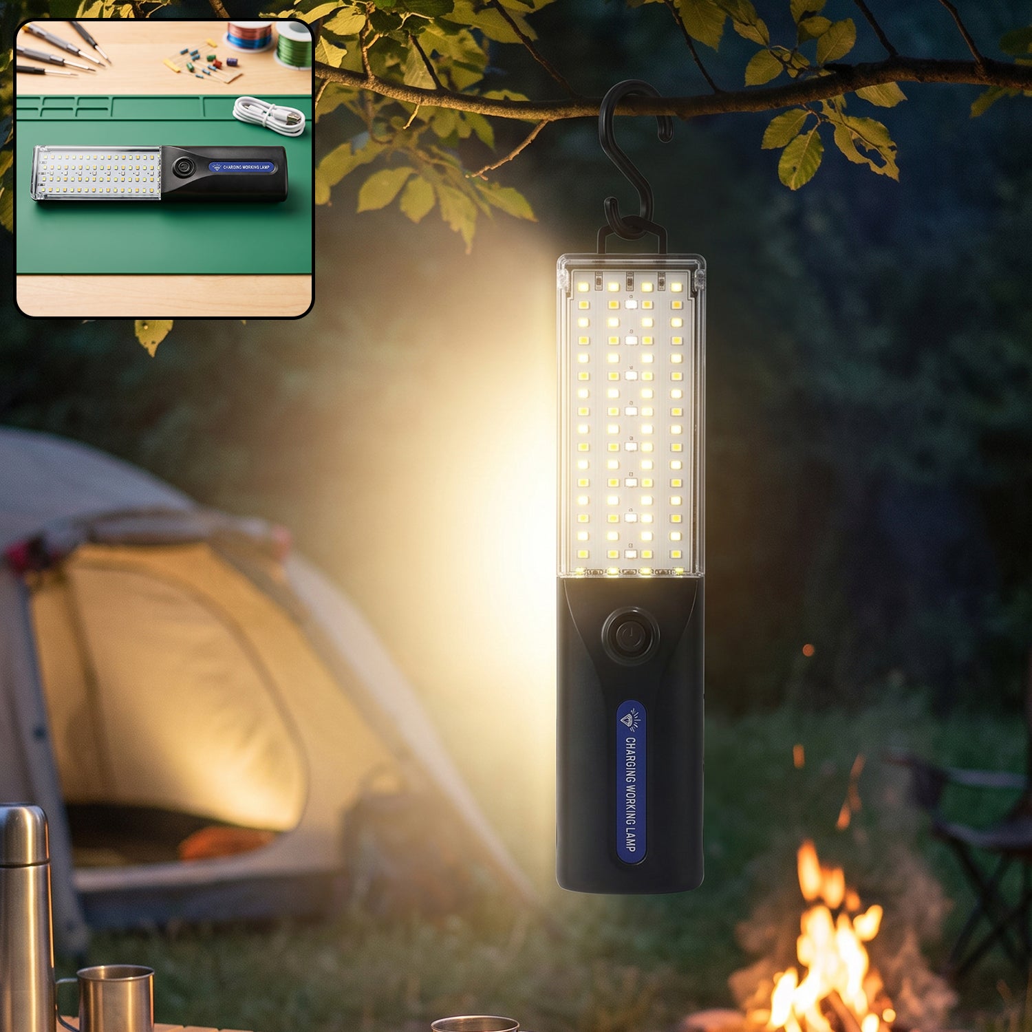 LED Rechargeable Working Lamp with Hanging Hook for Camping Garage (1 Pc)