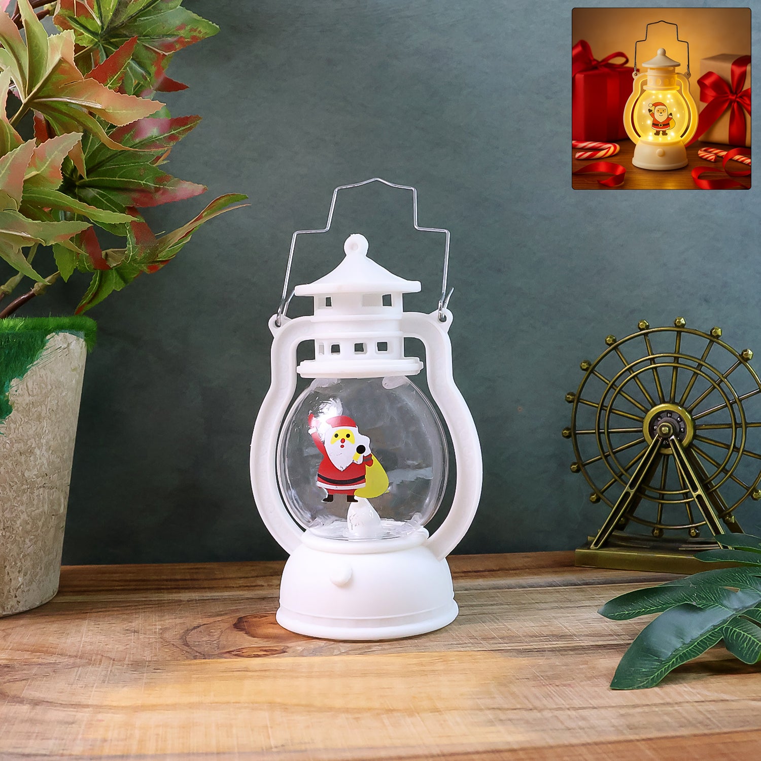 Mini LED Decorative Lantern with Santa Figurine & Handle (1 Pc)