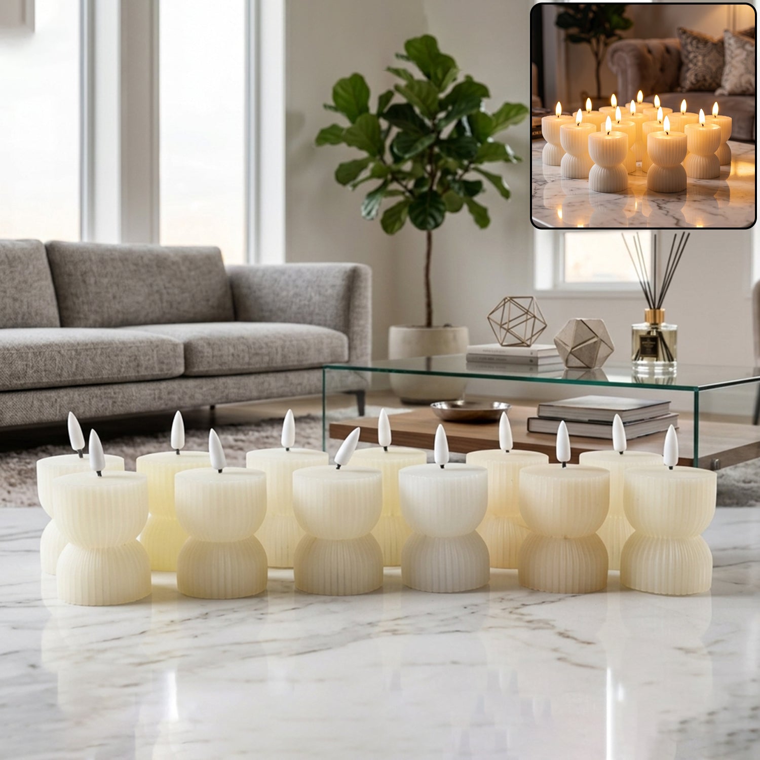 Flameless LED Decorative Candle Set Realistic Flame Ribbed Design (12 Pc)