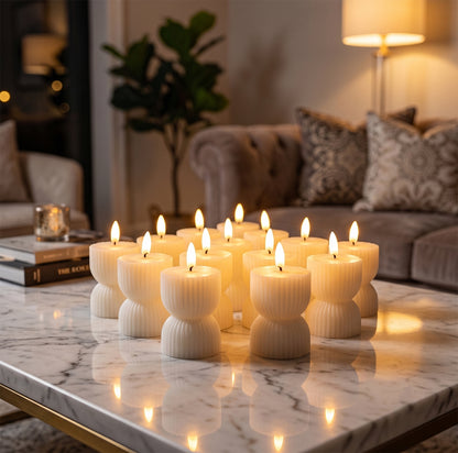 Flameless LED Decorative Candle Set Realistic Flame Ribbed Design (12 Pc)