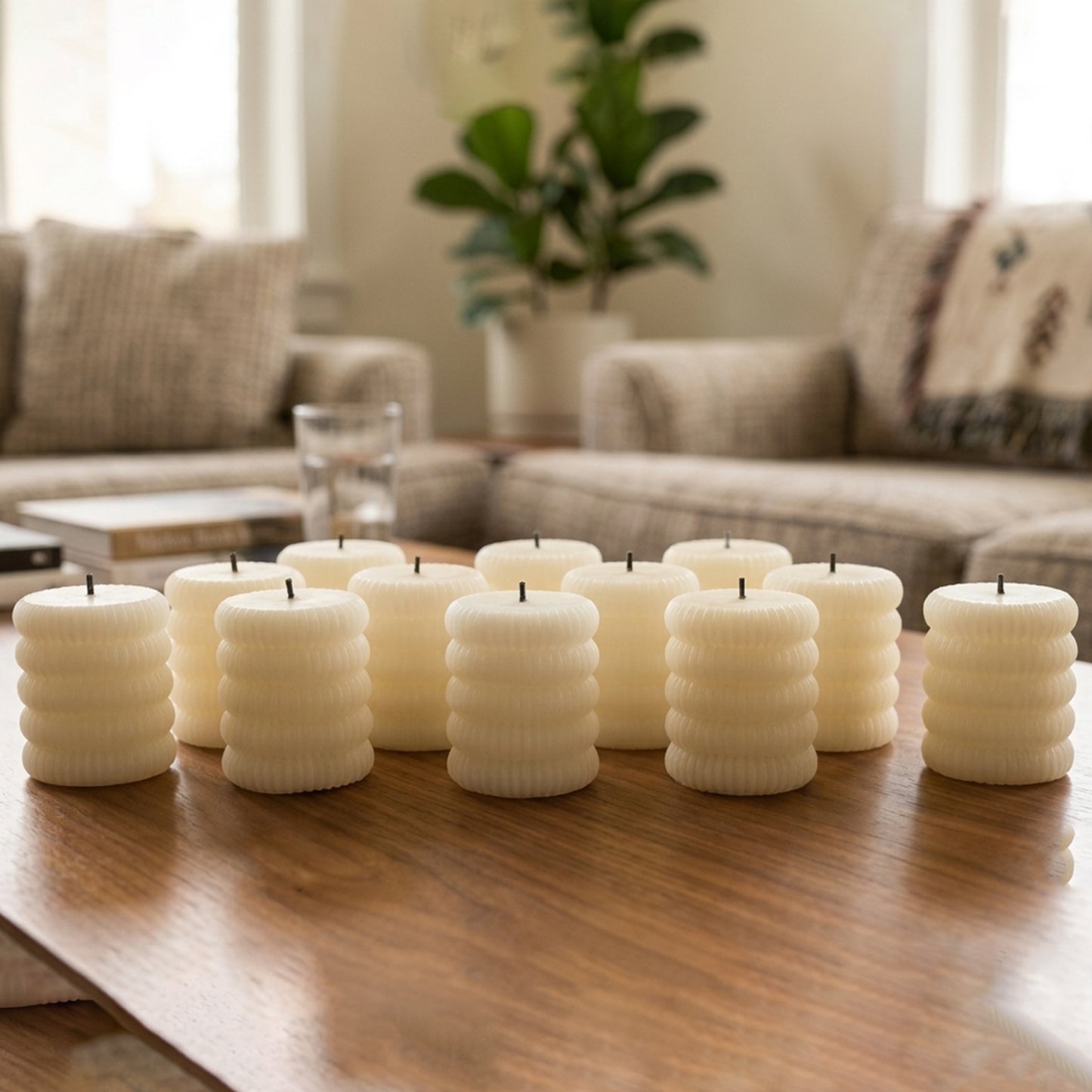 Decorative Flameless LED Candle Set Ribbed Pillar Warm Glow Light (12 Pc)