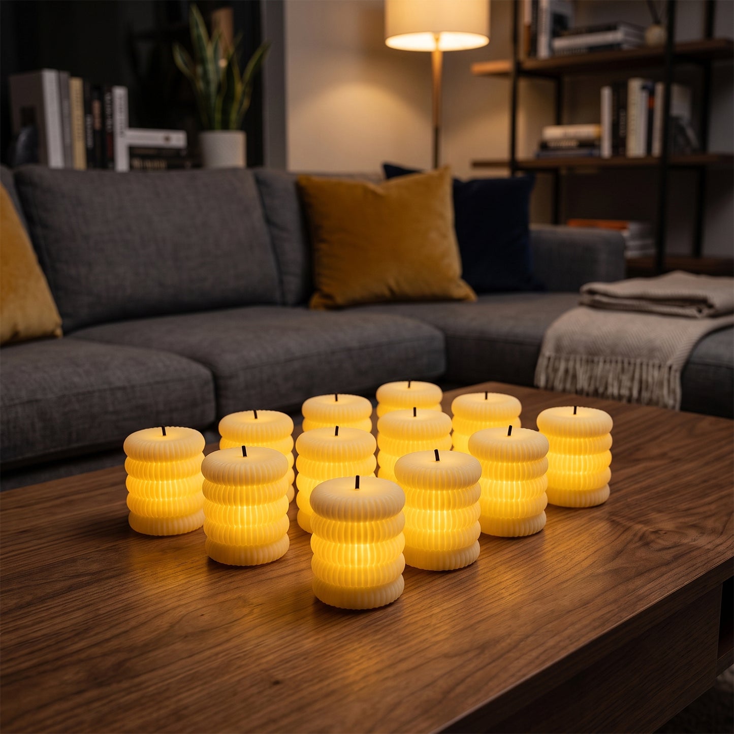 Decorative Flameless LED Candle Set Ribbed Pillar Warm Glow Light (12 Pc)