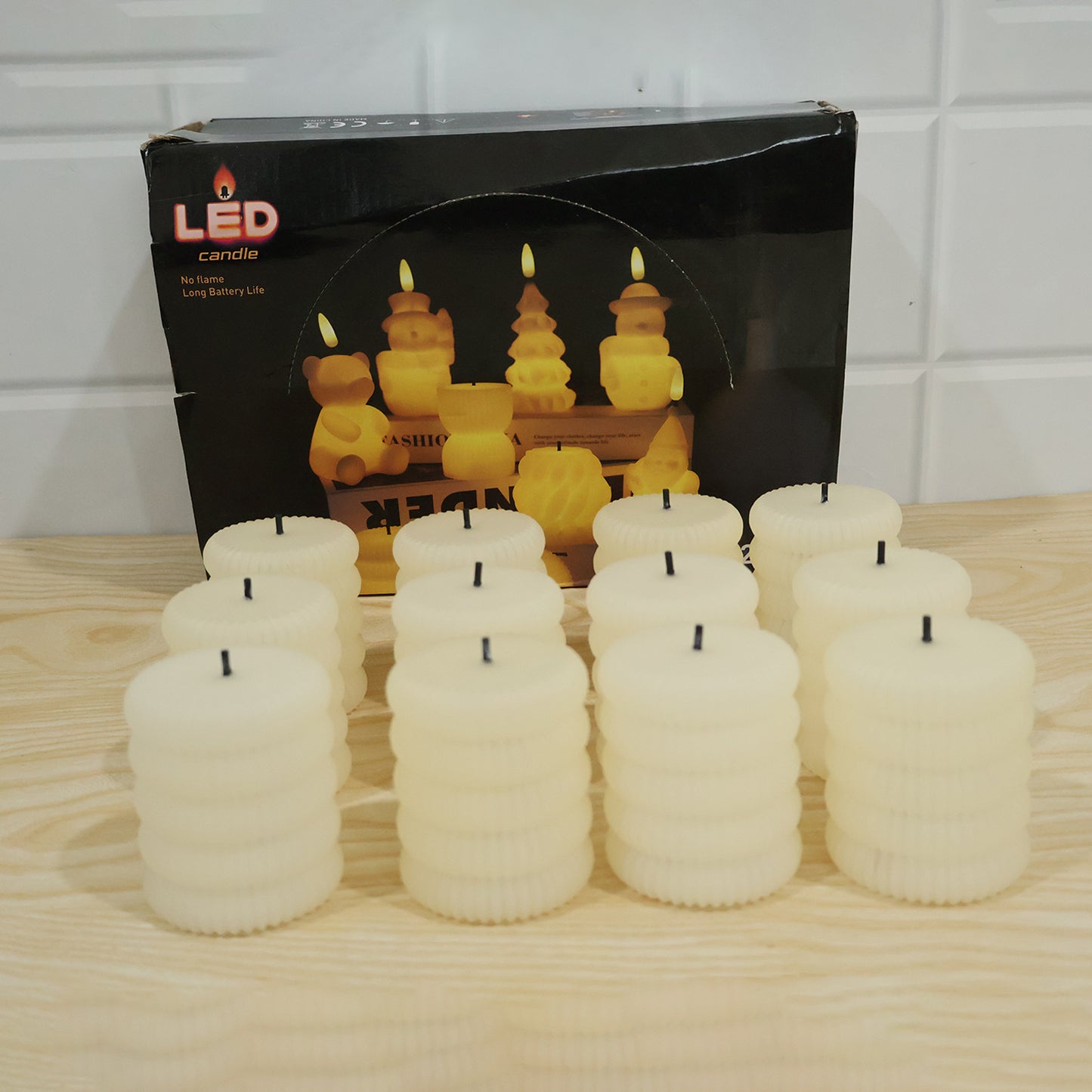 Decorative Flameless LED Candle Set Ribbed Pillar Warm Glow Light (12 Pc)