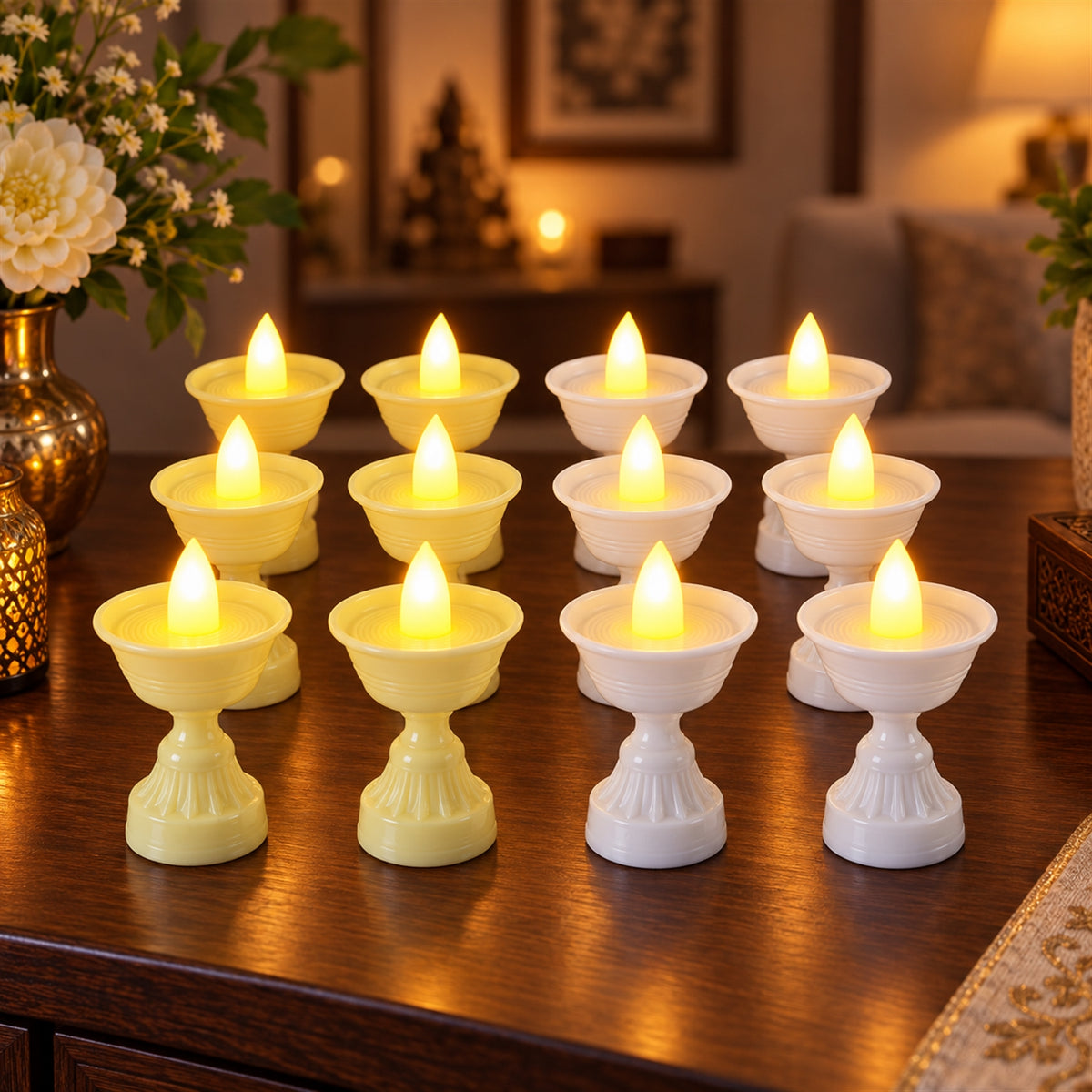 LED Flameless Decorative Diyas for Festive Home and Pooja Decoration (12 Pc Set)