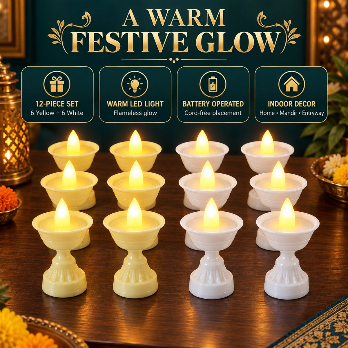 LED Flameless Decorative Diyas for Festive Home and Pooja Decoration (12 Pc Set)