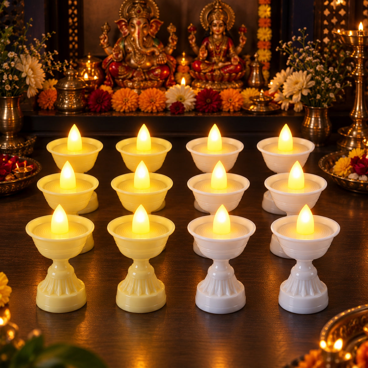 LED Flameless Decorative Diyas for Festive Home and Pooja Decoration (12 Pc Set)