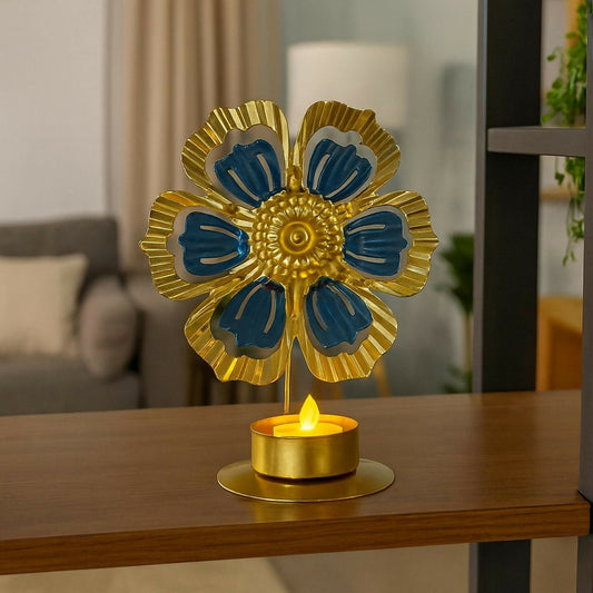 Luxury Golden Metal Flower Tealight Candle Holder with Blue Petal Design – Decorative Tabletop Flower Shape T-Light Stand for Home Décor, Living Room, Festive Decoration, Pooja & Gifting