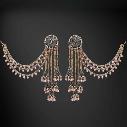 Traditional Gold Tone Jhumka Earrings with Pearl Drops and Elegant Layered Chain Design for Women