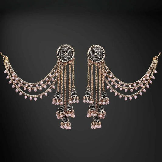 Traditional Gold Tone Jhumka Earrings with Pearl Drops and Elegant Layered Chain Design for Women