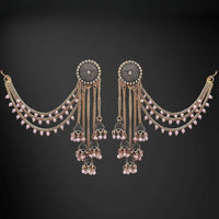 Traditional Gold Tone Jhumka Earrings with Pearl Drops and Elegant Layered Chain Design for Women