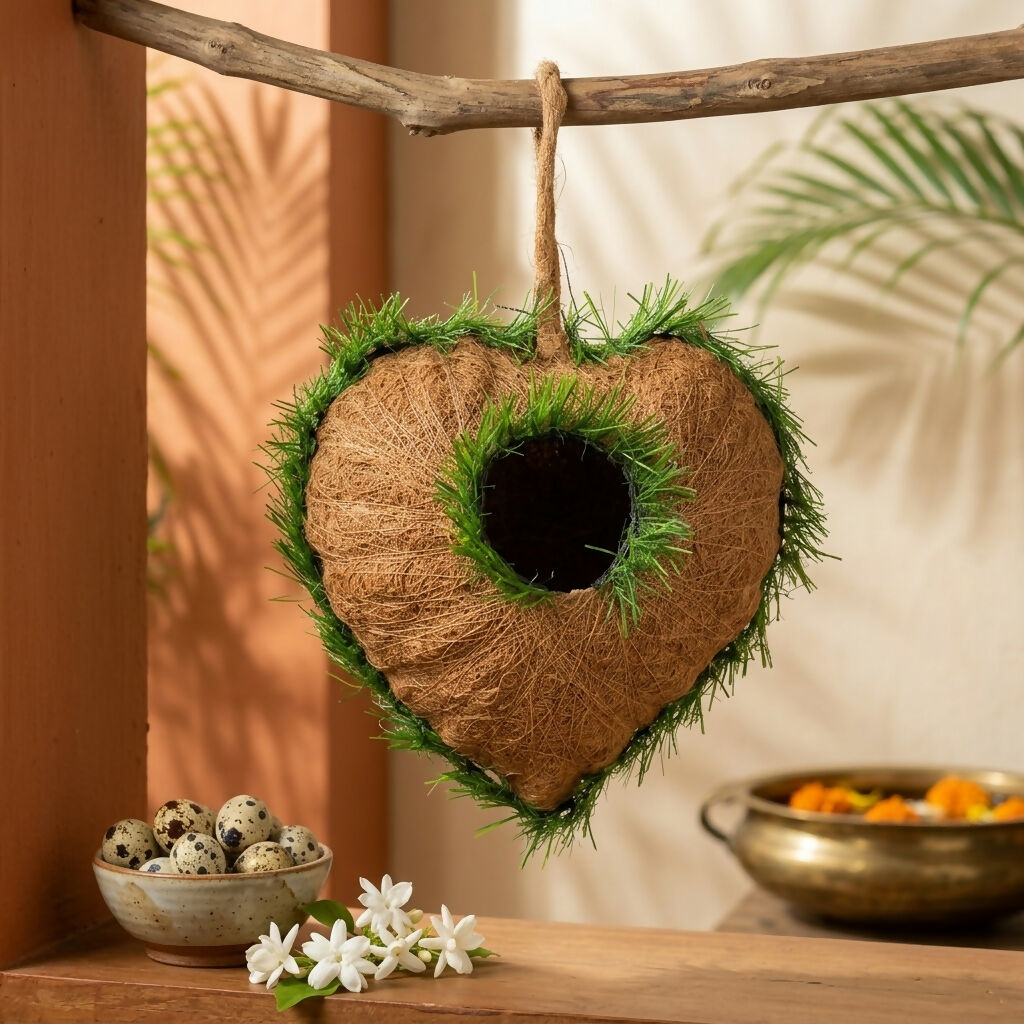 Close up of circular entrance of heart-shaped bird house