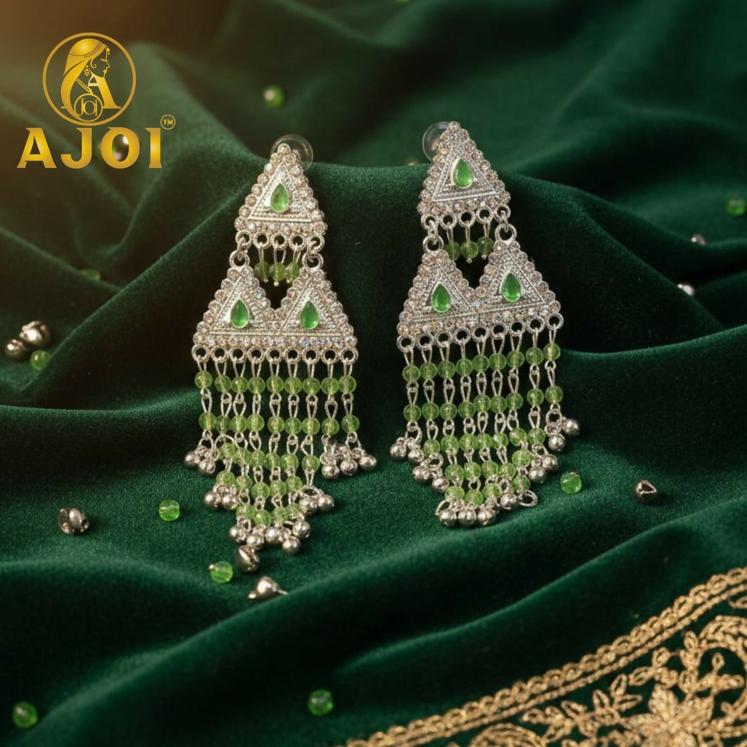Royal Emerald Drop Silver Statement Earrings with Elegant Beaded Tassels