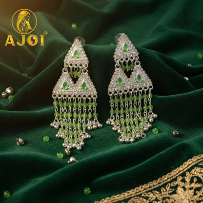 Royal Emerald Drop Silver Statement Earrings with Elegant Beaded Tassels