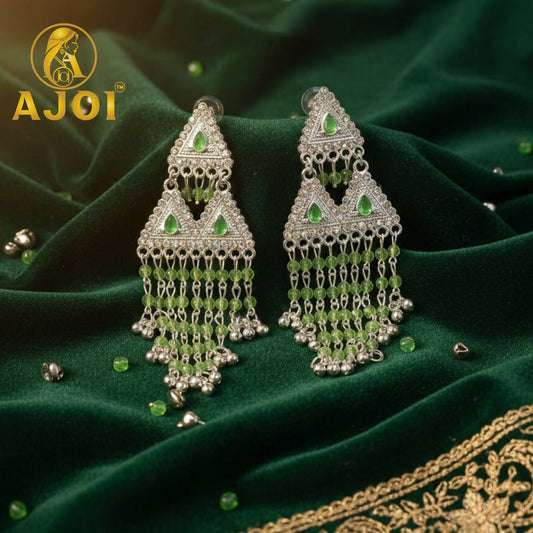 Royal Emerald Drop Silver Statement Earrings with Elegant Beaded Tassels