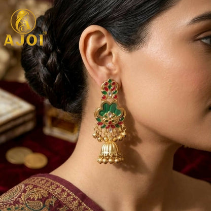 Royal Green Kundan Jhumka Earrings with Gold Finish & Ghungroo Drops