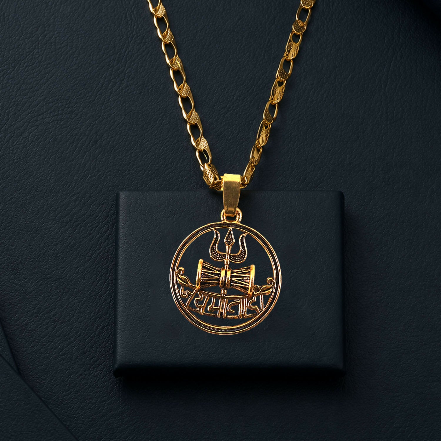 Intricate Mahakal pendant with Trishul and Damru symbols on a gold chain