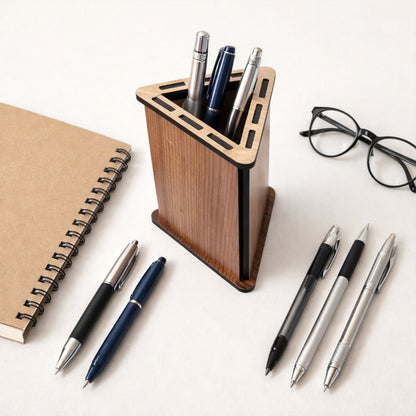 Triangular Wooden Pen Stand for Office Desk & Study Table – Compact Desktop Size
