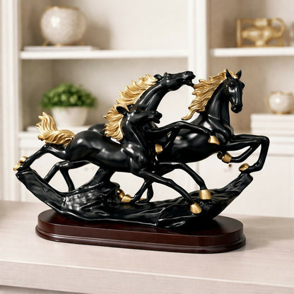 Three Running Horses Showpiece for Home Decor | Black & Gold Finish