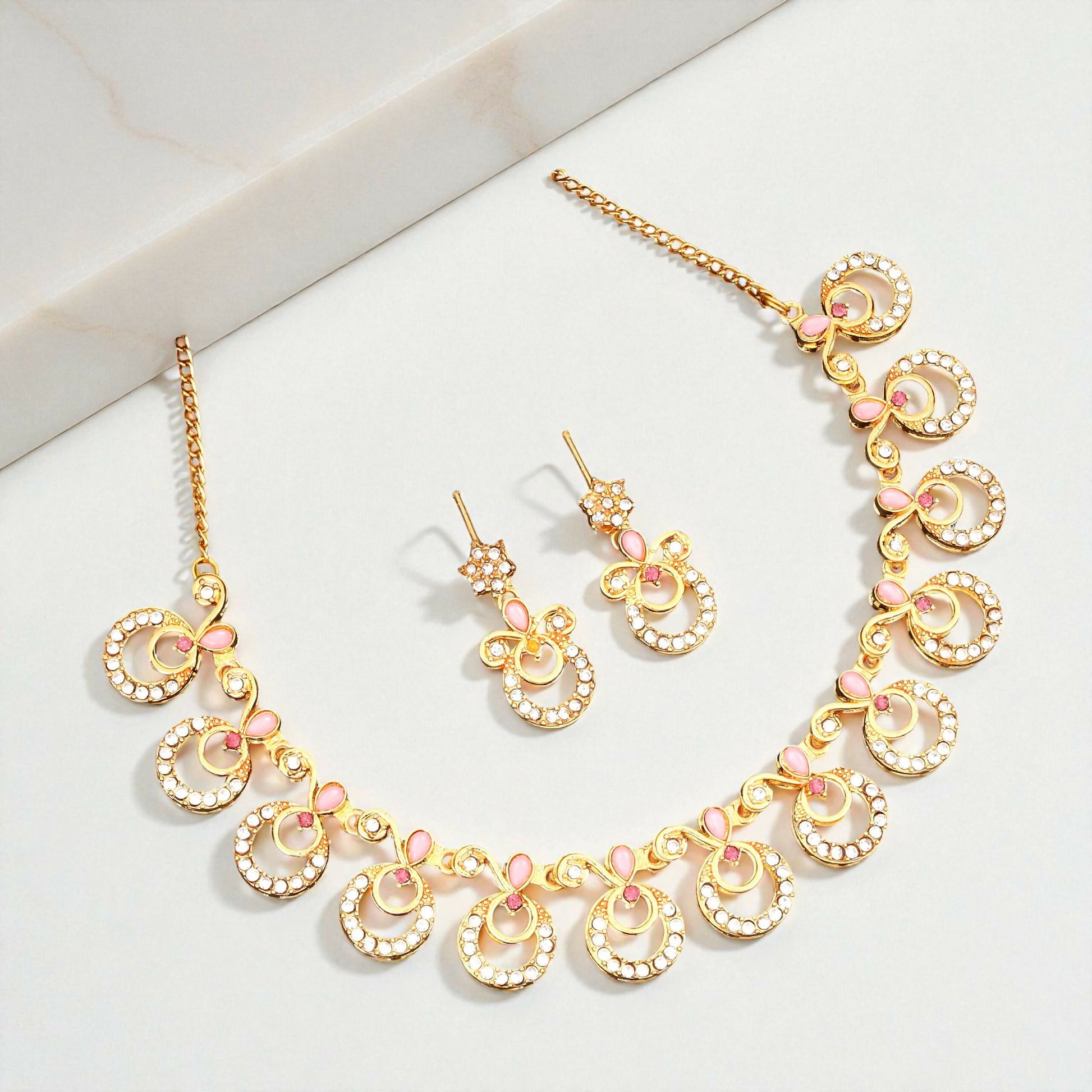 Gold-Toned AD & Emerald Vine Drop Necklace Set