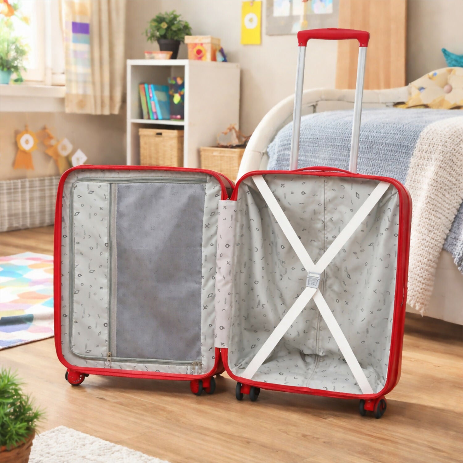 Close-up of red Spider-Man trolley bag spinner wheels
