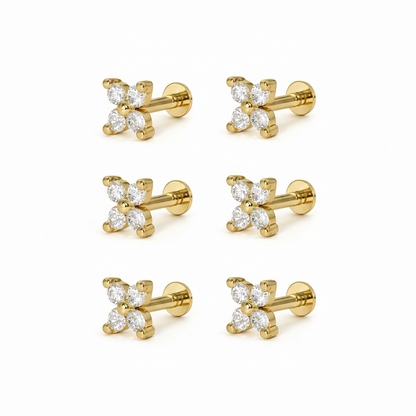 Set of six gold-plated Clover AD nosepin studs arranged neatly