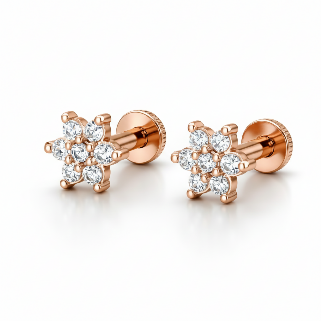 Sparkling rose gold plated flower stud earrings with white crystal clusters up close