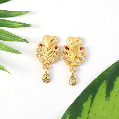 Floral Inspired Gold Stud Earrings With Central Stone And Teardrop Dangle Detail