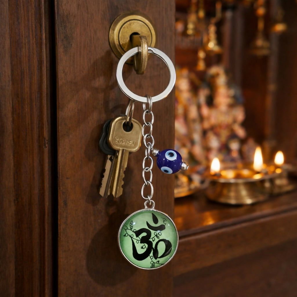 Om Evil Eye Keychain with Green Enamel for Car Keys, Bags & Gifting