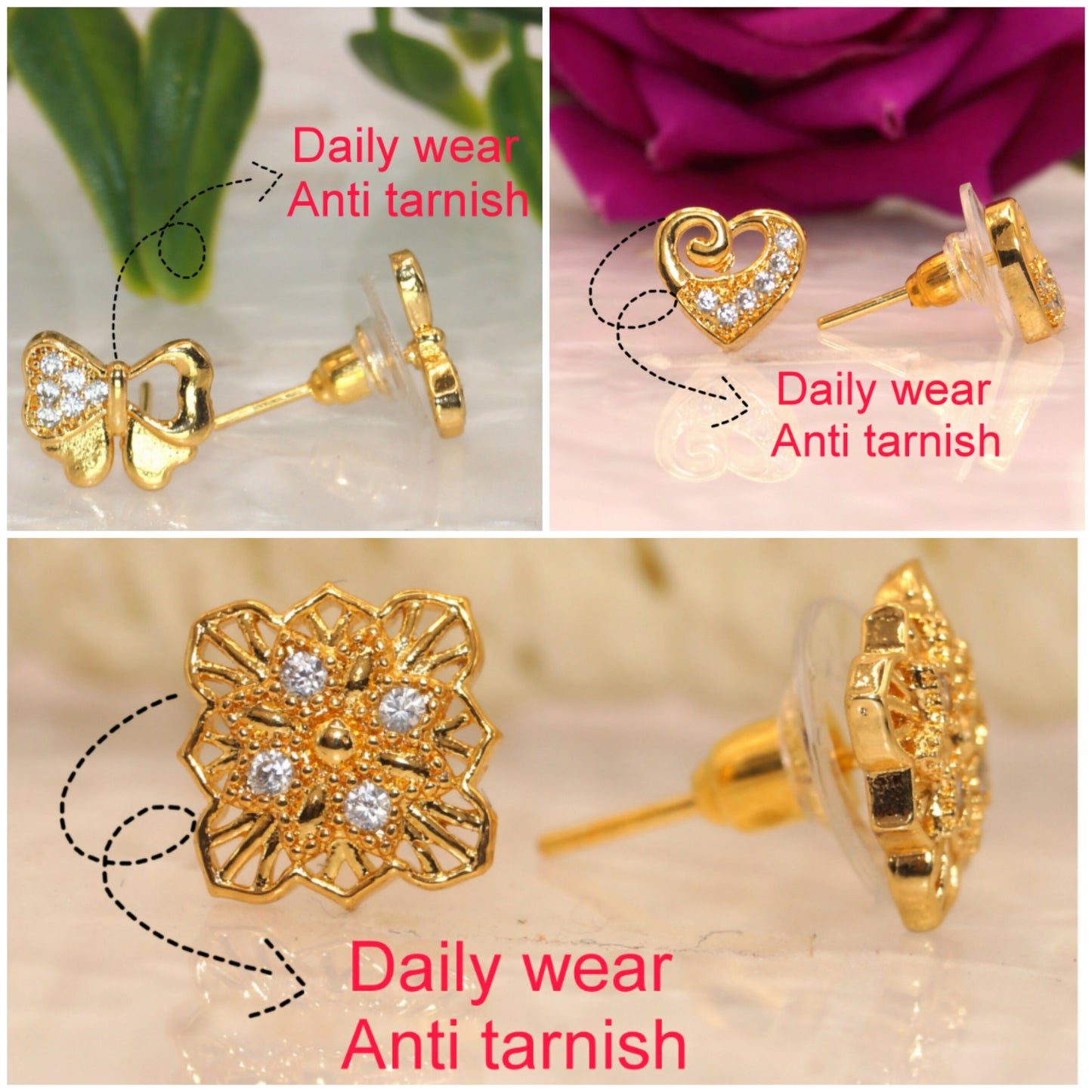 Sparkling heart shaped gold plated stud earrings with embedded clear stones