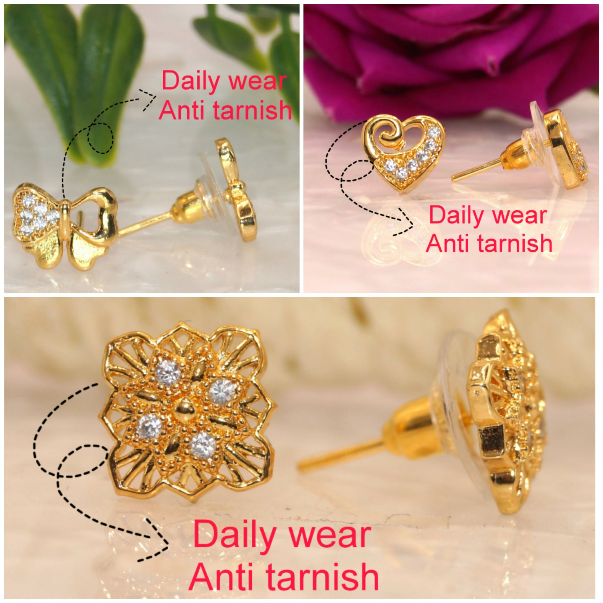 Sparkling heart shaped gold plated stud earrings with embedded clear stones