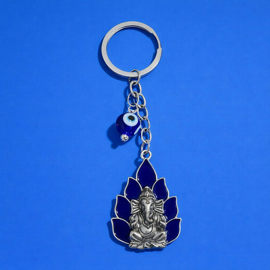 Ganesh Evil Eye Keychain with Blue Enamel for Car Keys & Bags