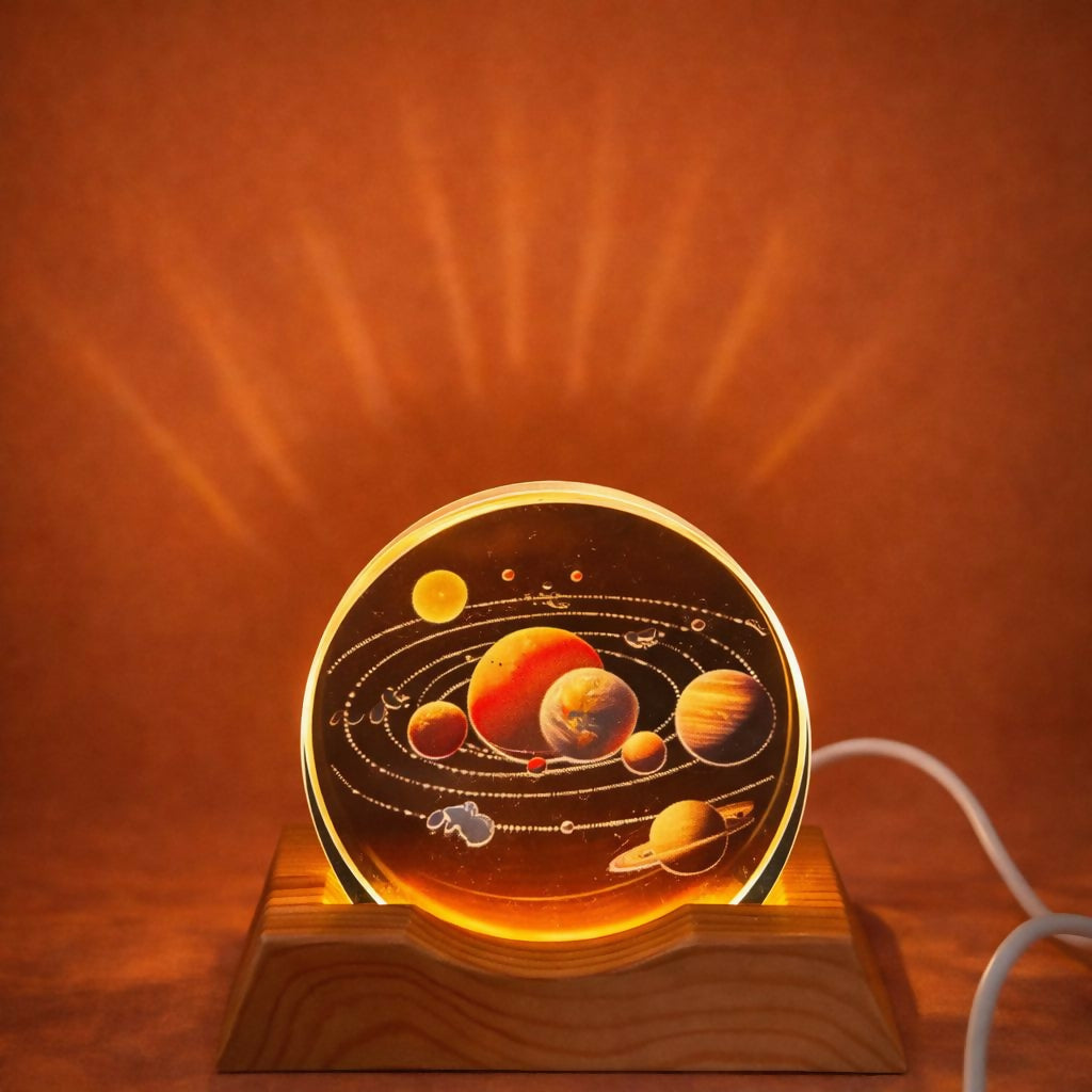 Solar System 3D Acrylic LED Night Lamp with Wooden Base for Home Decor