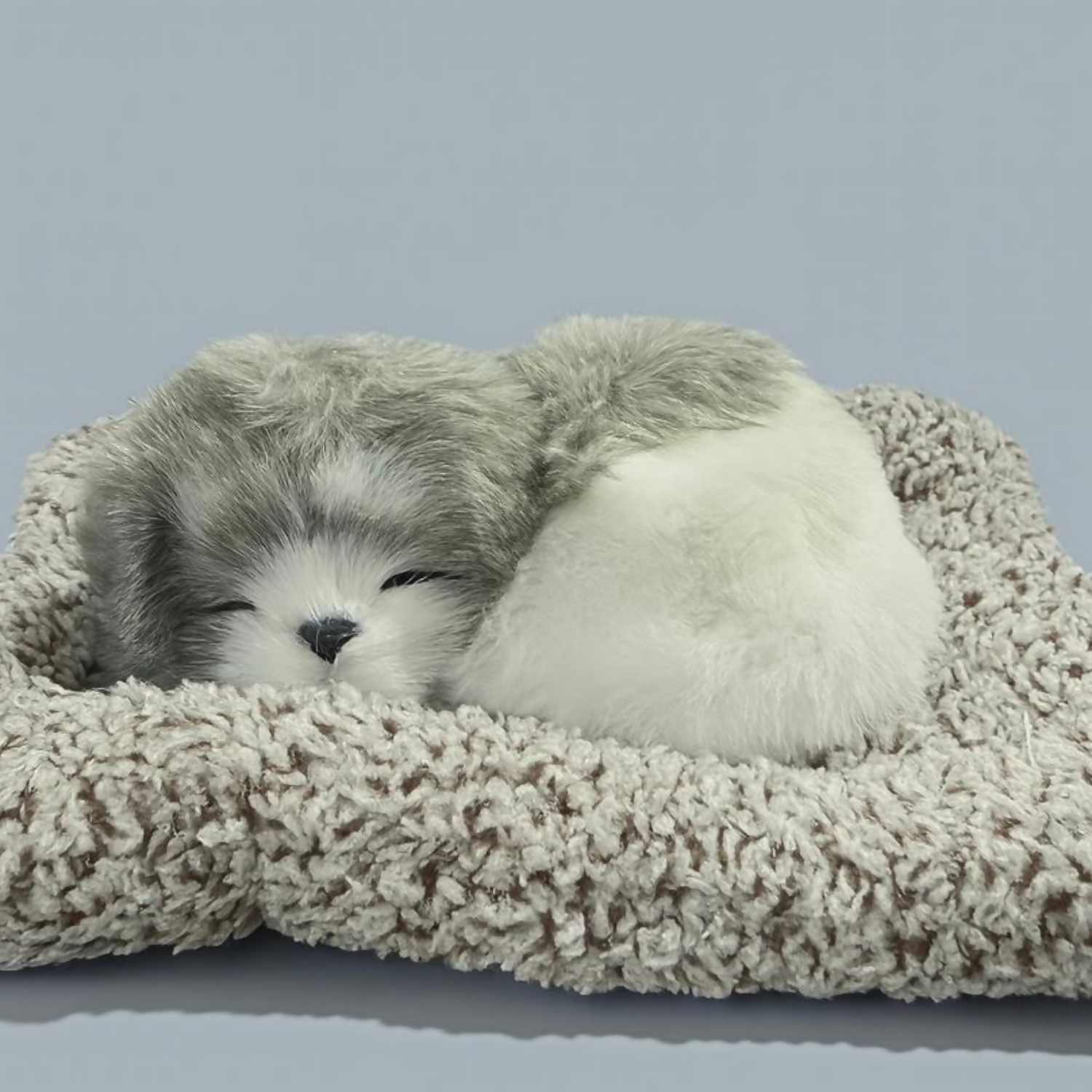 Premium Grey & White Sleeping Puppy Dashboard Toy