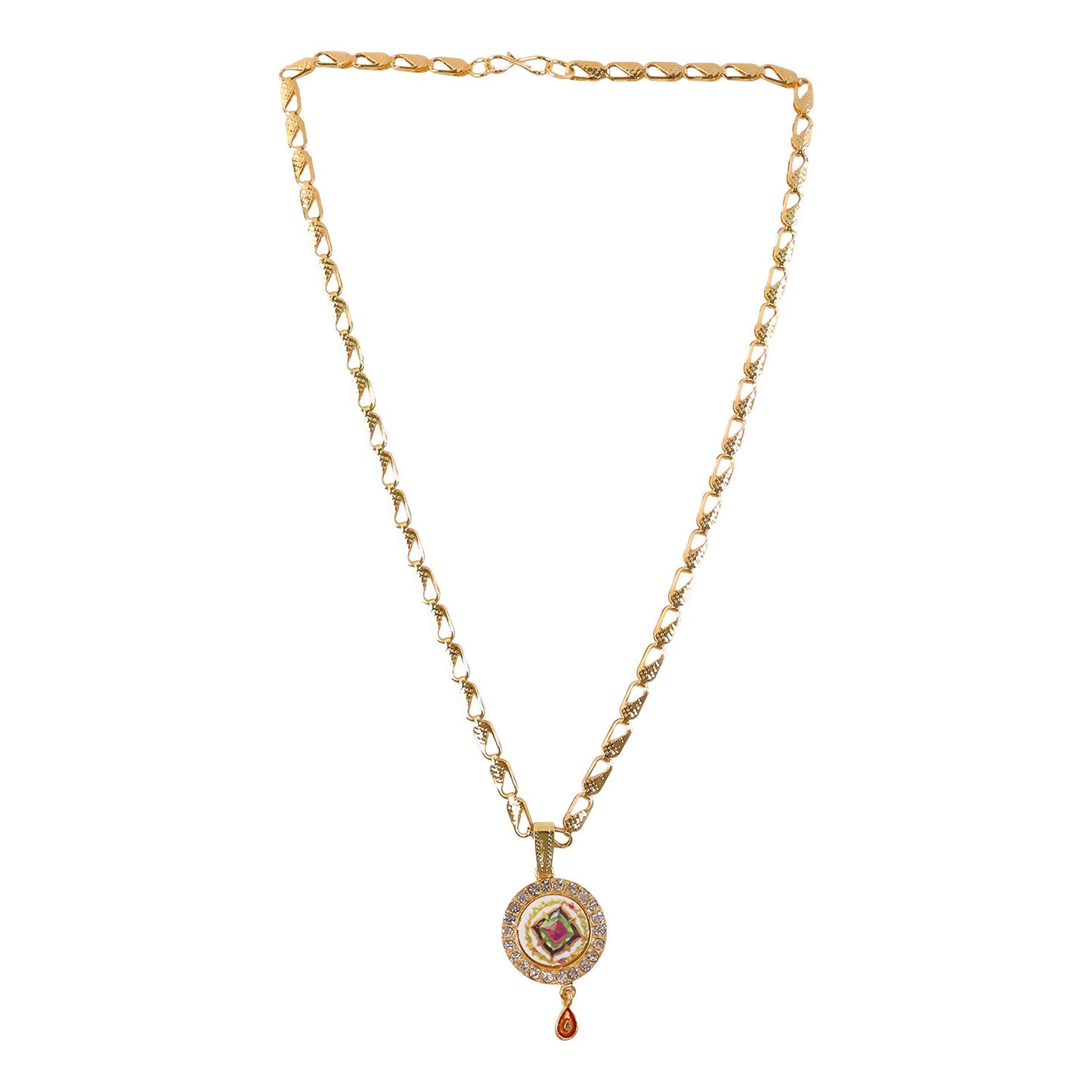 Gold Pendant Necklace with Colorful Mandala & Stone Border