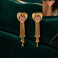 Gold Plated Heart CZ Floral Dangle Earrings with Multi Chain Tassel Drop Design