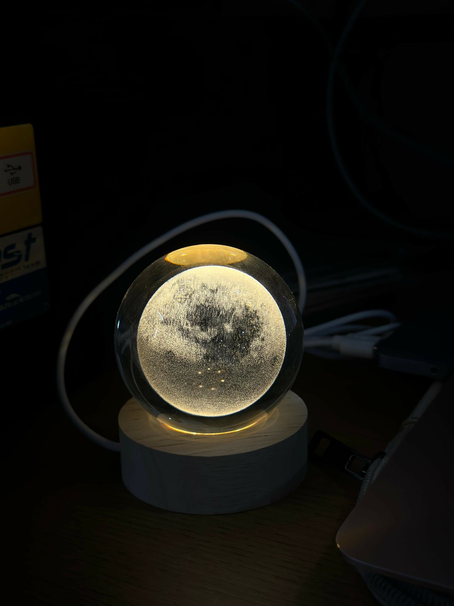 3D Crystal Moon Night Lamp with Wooden Base, USB Powered Decorative Light