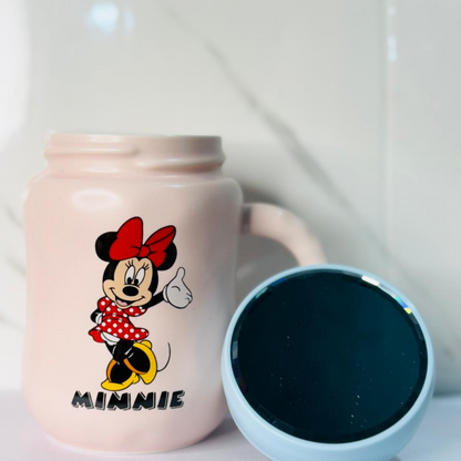 Pastel Pink Ceramic Cartoon Mug with Lid – Cute Character Print Coffee & Tea Cup – 350 ml Matte Finish – Ideal Gift for Kids & Adults