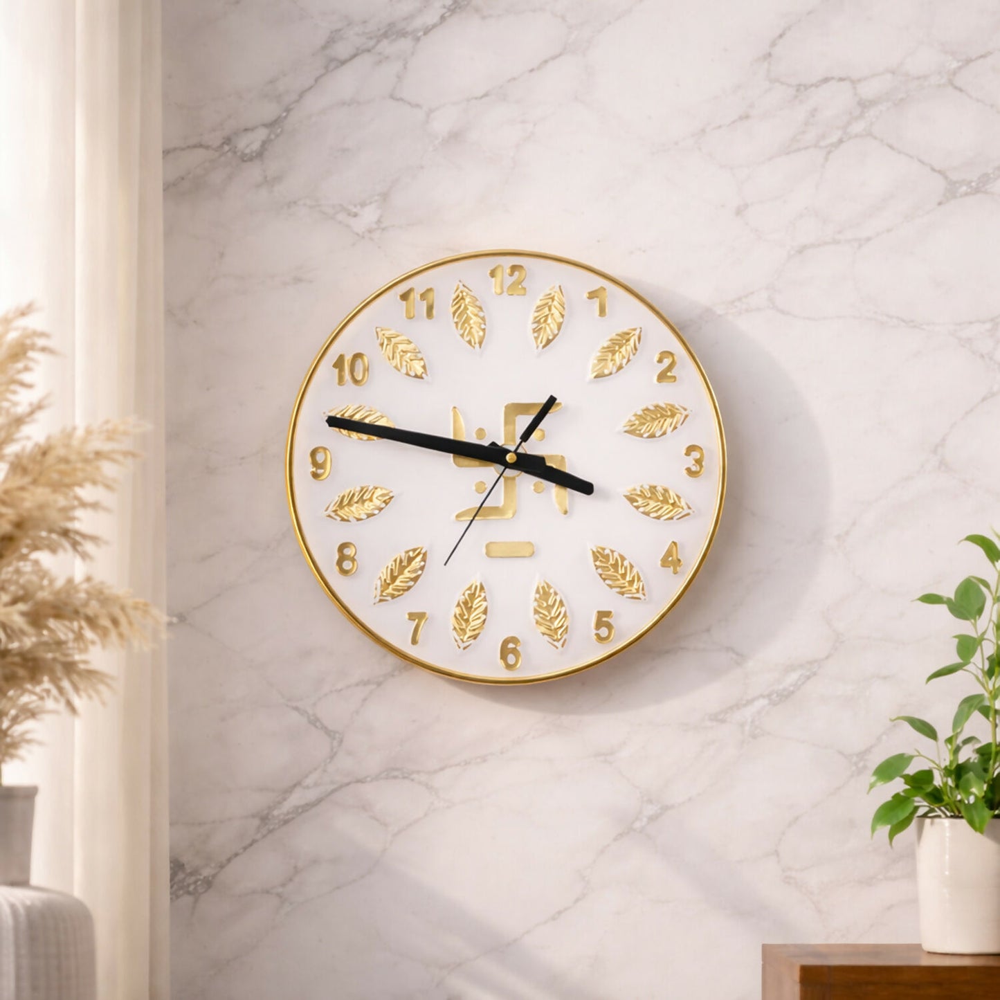 Artistic leaf detailing surrounding silver Swastik wall clock dial