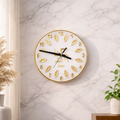 Artistic leaf detailing surrounding silver Swastik wall clock dial