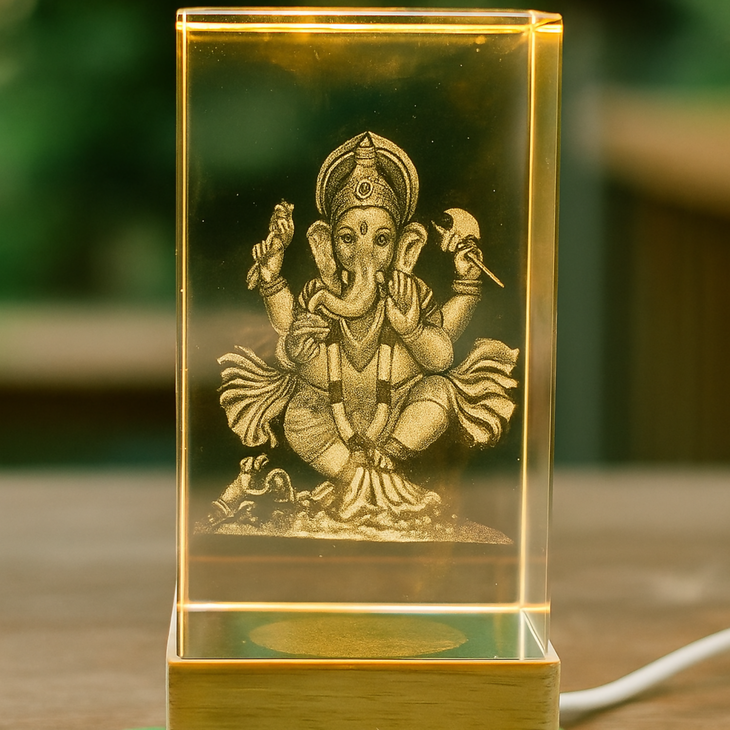 Premium 3D Acrylic LED Lord Ganesha Lamp with Wooden Base | Divine Ganpati Night Light for Home Temple, Office & Spiritual Decor | Engraved Crystal Glass Cube Light for Gifting & Festive Decoration