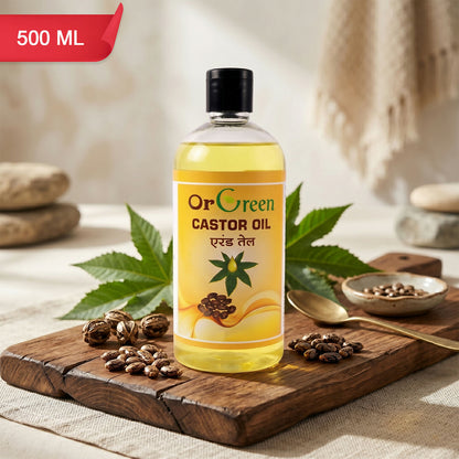 Close-up of OrGreen Castor Oil bottle with label visible