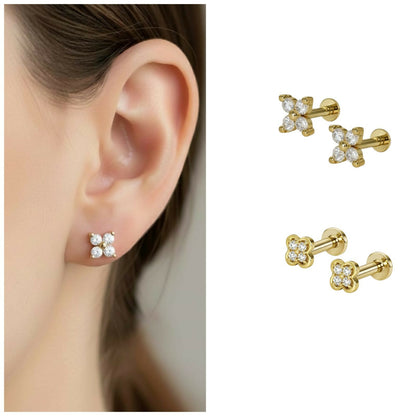 Close-up of gold clover flat back stud earrings highlighting flat back post design.