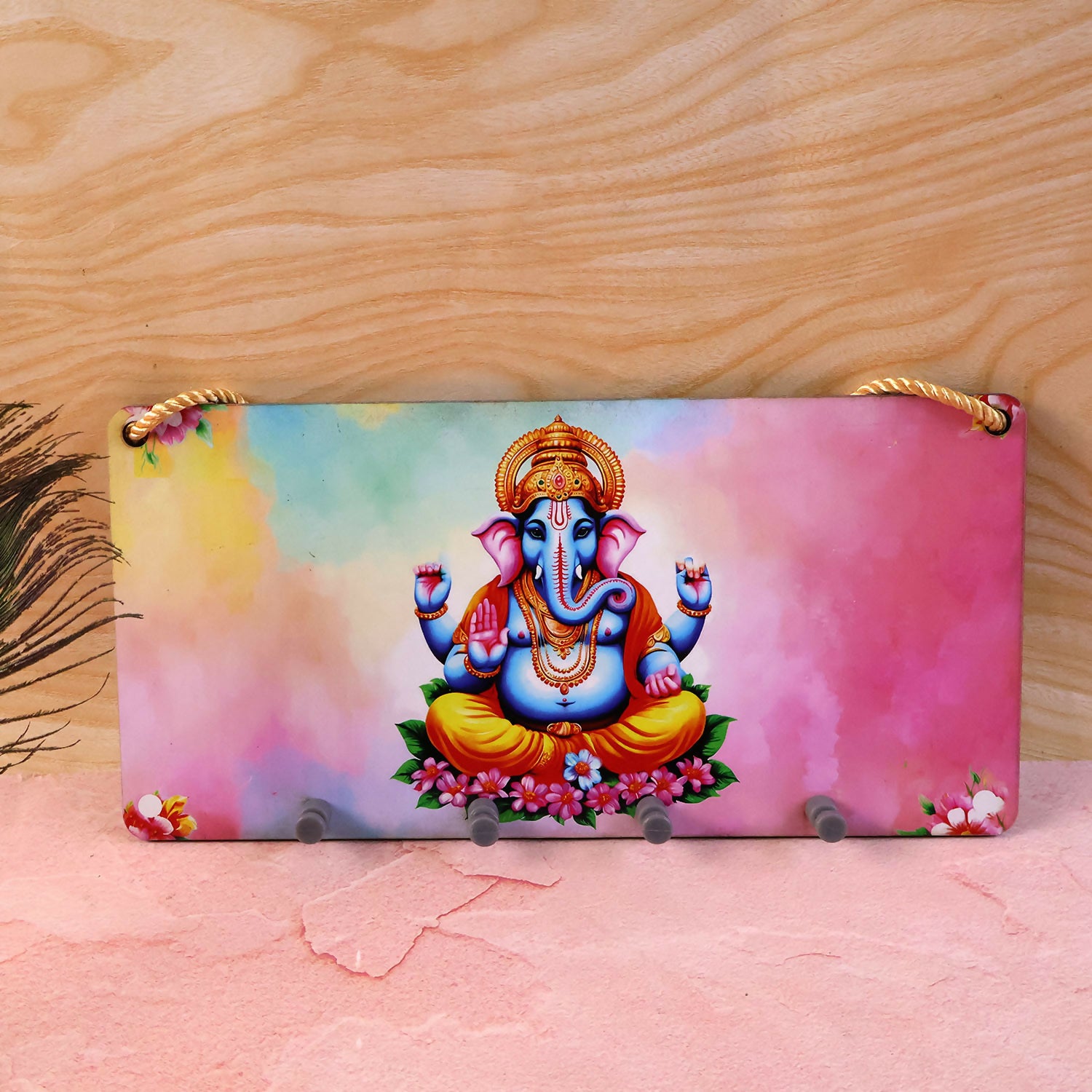 Ganpati Printed Wooden Key Holder with Rope Hanging & 4 Hooks – 6 x 12 Inch