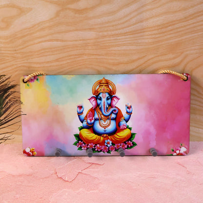 Ganpati Printed Wooden Key Holder with Rope Hanging & 4 Hooks – 6 x 12 Inch