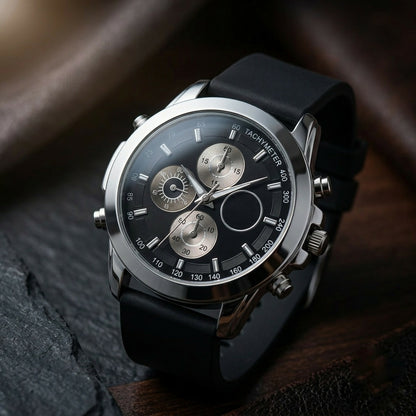 Silver chronograph watch with a black face and strap, displayed on a dark, textured stone and wood background.