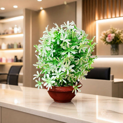 Artificial White Flower Plant with Brown Bowl Pot Green Leaves Home Office Decor