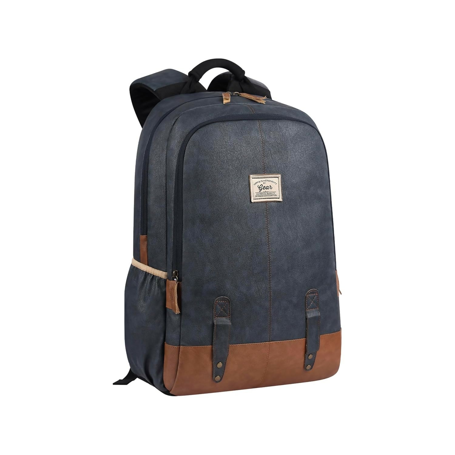 GEAR Laptop Back Pack Classic Faux Leather Navy Blue Tan