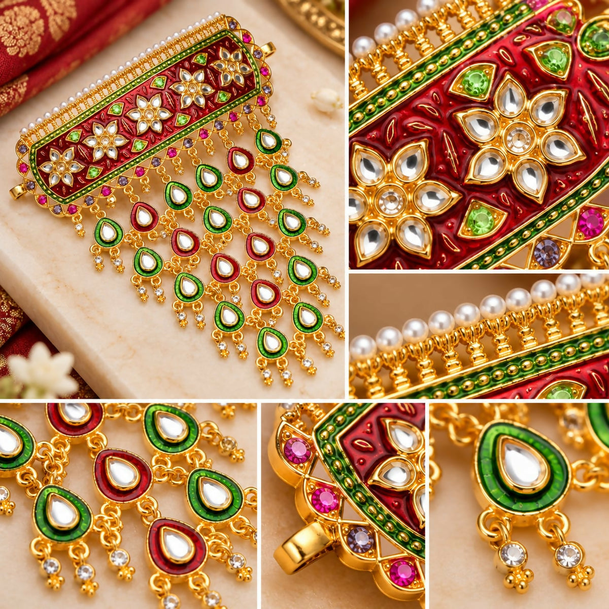 A collage of close-up views showing the intricate red and green meenakari work and dangling teardrop charms on the necklace.