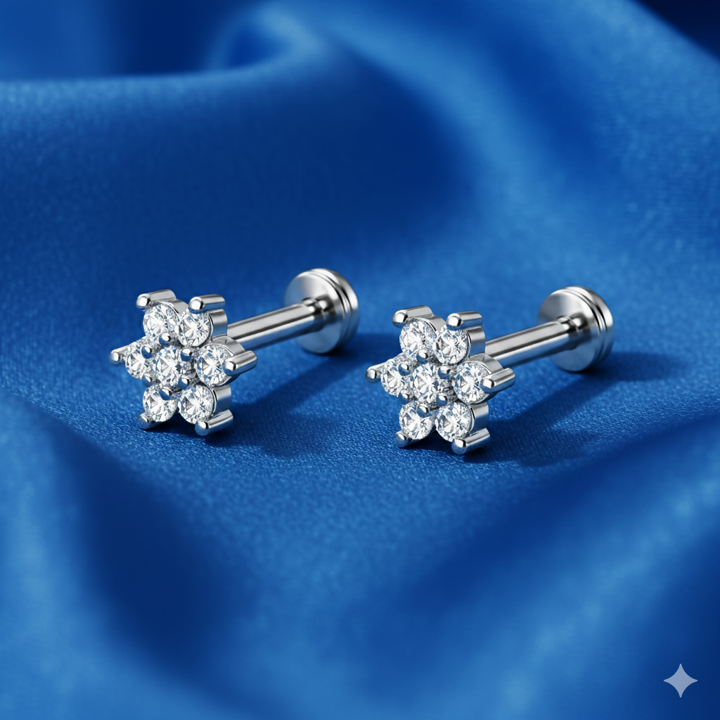 Close-up of silver plated crystal flower flat back nosepin stud showing intricate floral design
